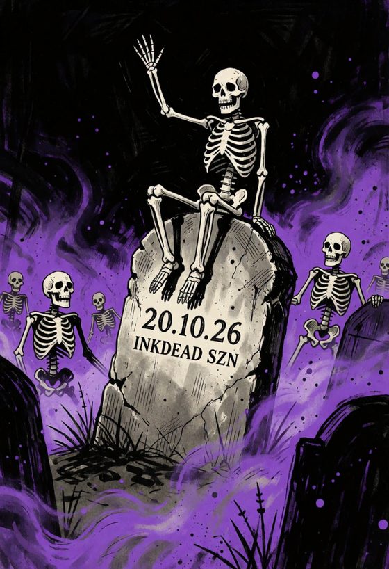 A skeleton waving from a tombstone: 20.10.26 INKDEAD SZN